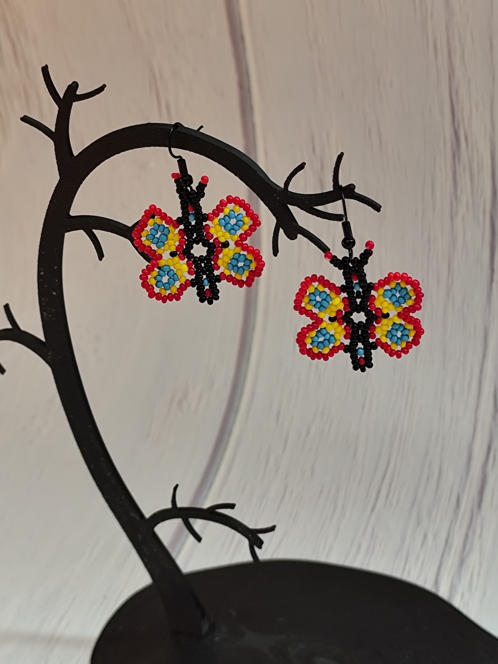 Handmade Beaded Butterfly Earrings  - Red, Yellow & Blue